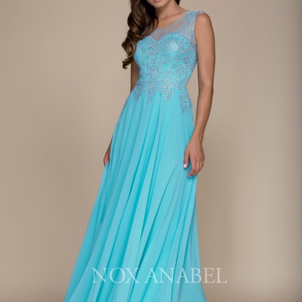 NEW AQUA COLOR  Illusion Scoop Neck A-Line Prom Dress NXY100